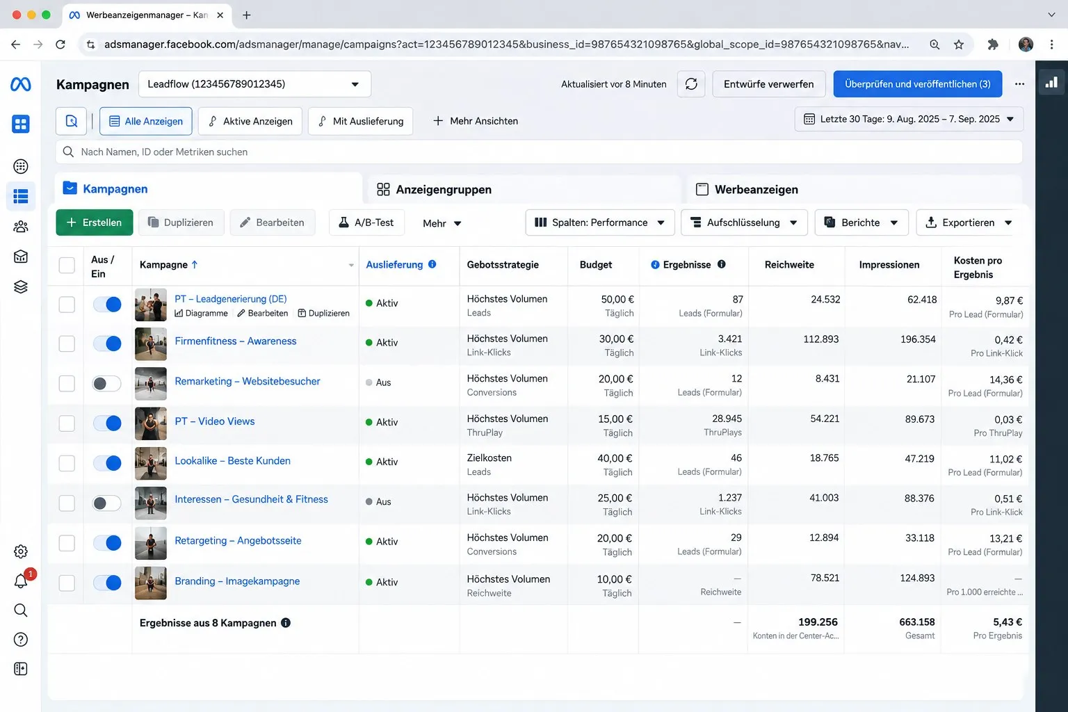 Meta-Werbeanzeigenmanager mit Kampagnen, Budgets und Ergebnissen
