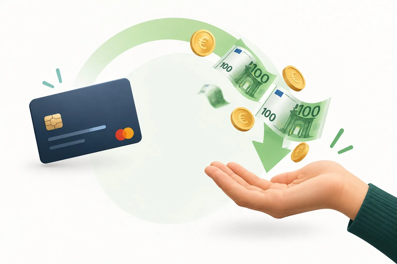 Illustration: Geld fließt von einer Karte zurück in eine offene Hand