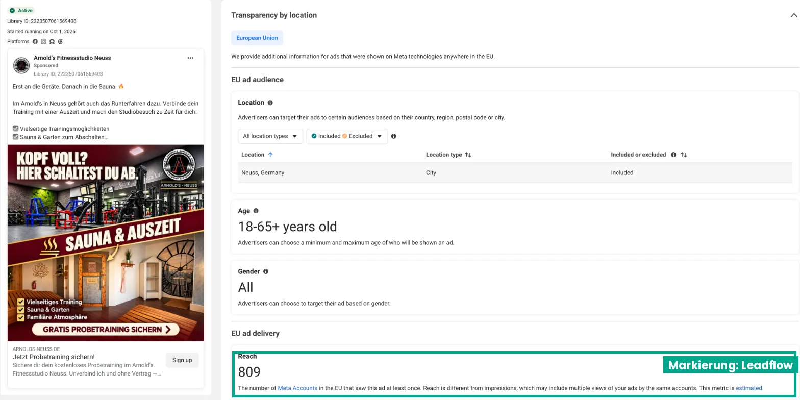Arnold’s Werbung: EU-Transparenzdaten mit Zielort Neuss, 18 bis 65 plus und geschätzter Reichweite 809