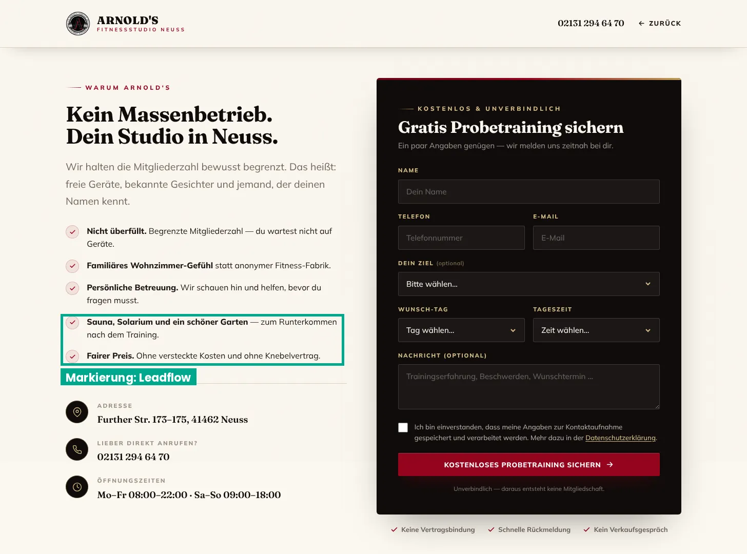 Arnold’s Funnel: Probetraining-Seite am Desktop mit fünf Argumenten links und Formular rechts