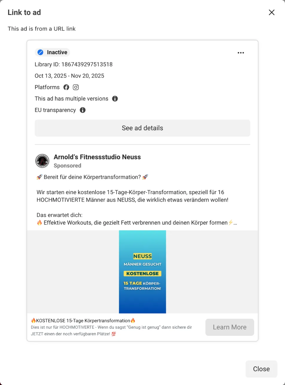 Challenge-Anzeige von Arnold’s aus 2025: kostenlose 15-Tage-Körpertransformation für 16 Männer aus Neuss