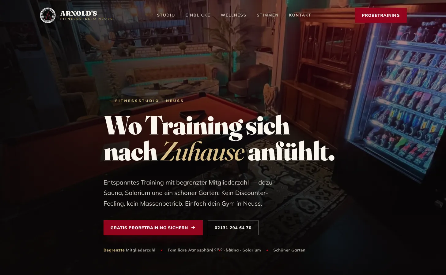 Arnold’s Startseite: Wo Training sich nach Zuhause anfühlt, mit Button Gratis Probetraining sichern