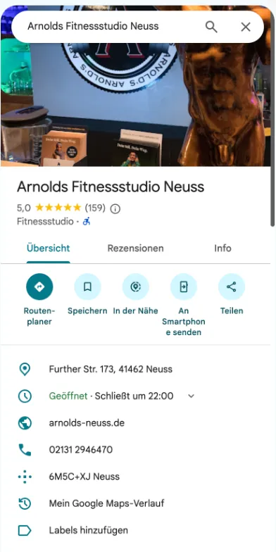 Arnold’s Fitnessstudio Neuss bei Google: 5,0 Sterne aus 159 Bewertungen