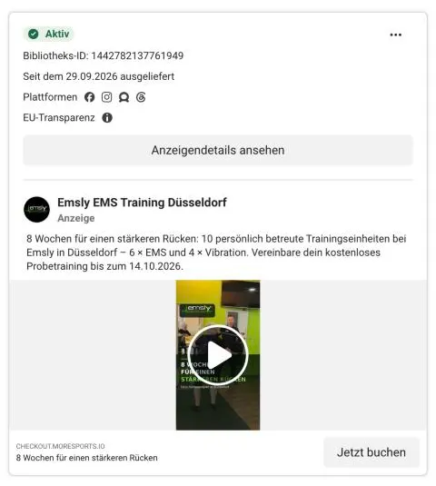 Emsly Marketing: Meta Ad „8 Wochen für einen stärkeren Rücken“ mit Video und Button Jetzt buchen