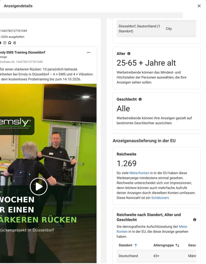 Emsly Werbung in der Meta-Werbebibliothek: Zielgruppe Düsseldorf, 25 bis 65 plus, geschätzte Reichweite 1.269