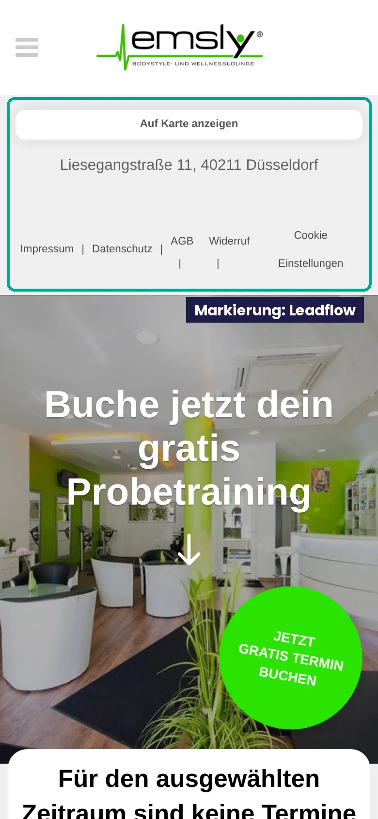 Emsly Buchungsseite mobil: Adresse und Rechtslinks vor Headline und Kalender