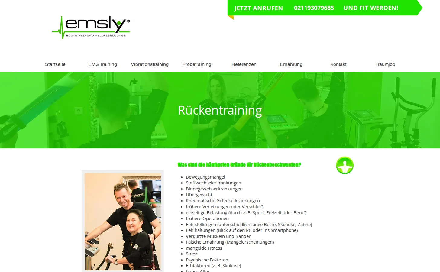 Emsly Rückentraining-Seite auf der Website mit Ursachen für Rückenbeschwerden