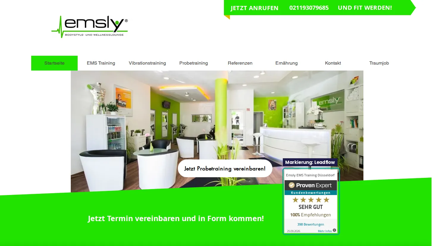 Emsly Startseite mit ProvenExpert-Siegel 398 Bewertungen und Button Jetzt Probetraining vereinbaren