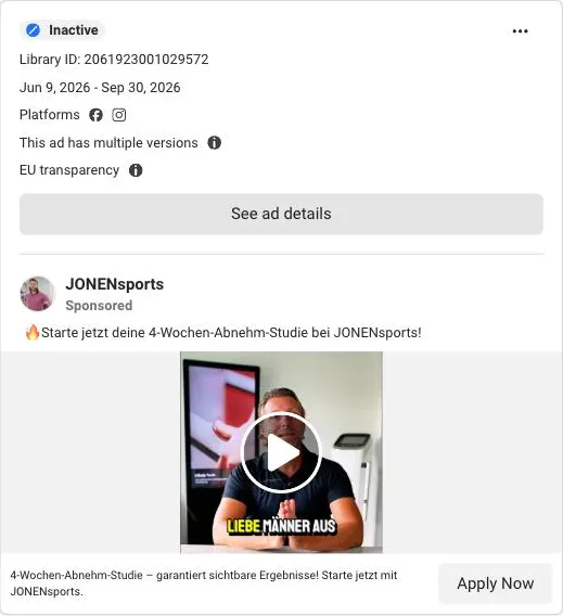 JONENsports Marketing: Meta Ad zur 4-Wochen-Abnehm-Studie mit Gründer-Video und Button Apply Now