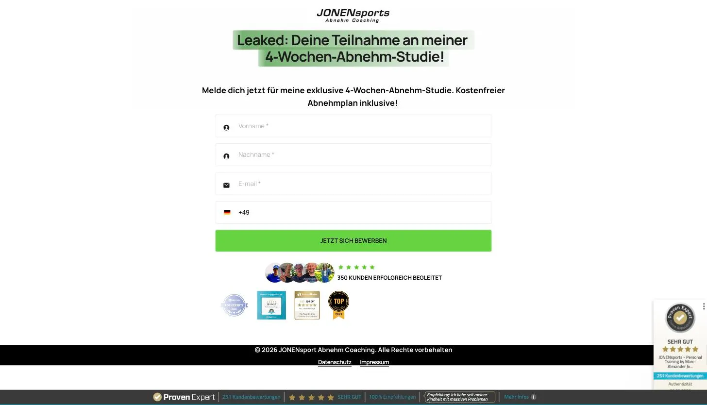 JONENsports Funnel: Landingpage der 4-Wochen-Abnehm-Studie mit Formular und Bewertungssiegeln, Desktop-Ansicht