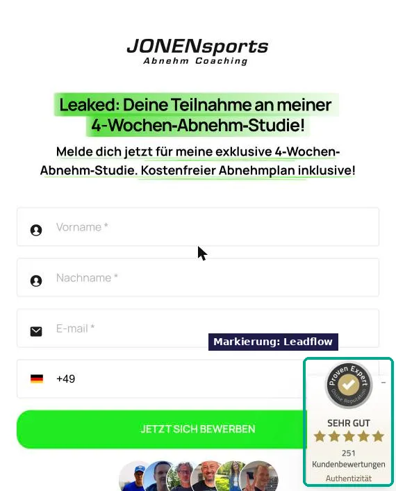 JONENsports Landingpage mobil: Bewertungs-Widget überlagert Telefonfeld und Button