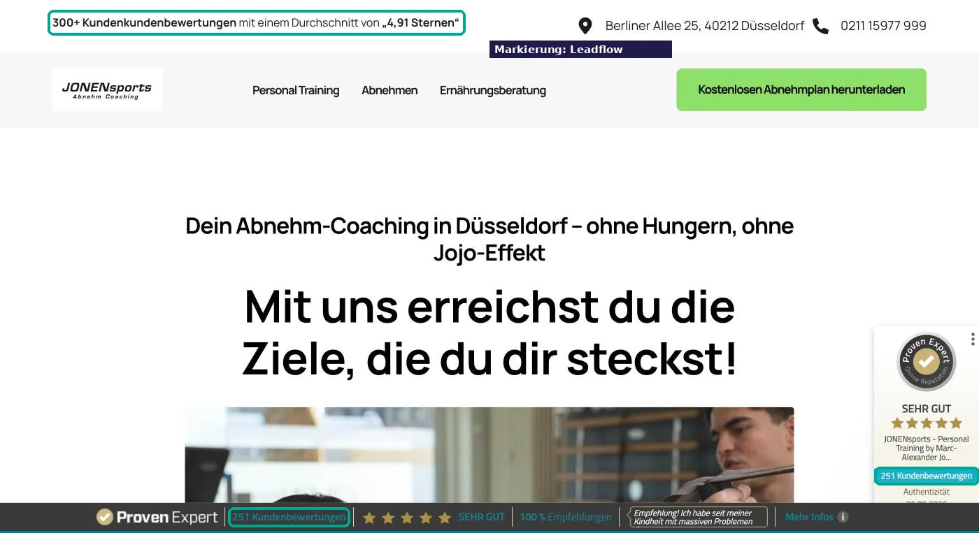 JONENsports Startseite mit Bewertungsangaben 300 plus und 251 Kundenbewertungen im Widget