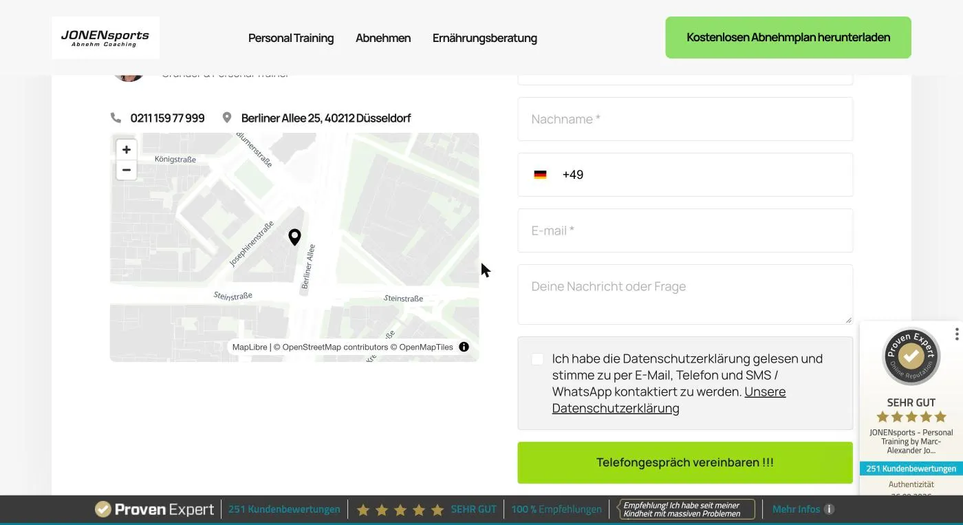 JONENsports Kennenlerntermin-Formular mit Hinweis auf Kontakt per Telefon, SMS und WhatsApp
