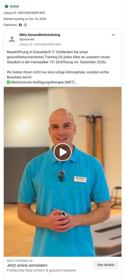 NiKa Marketing: Meta Ad zur Neueröffnung in Düsseldorf mit Trainer-Video und Button Jetzt online anmelden