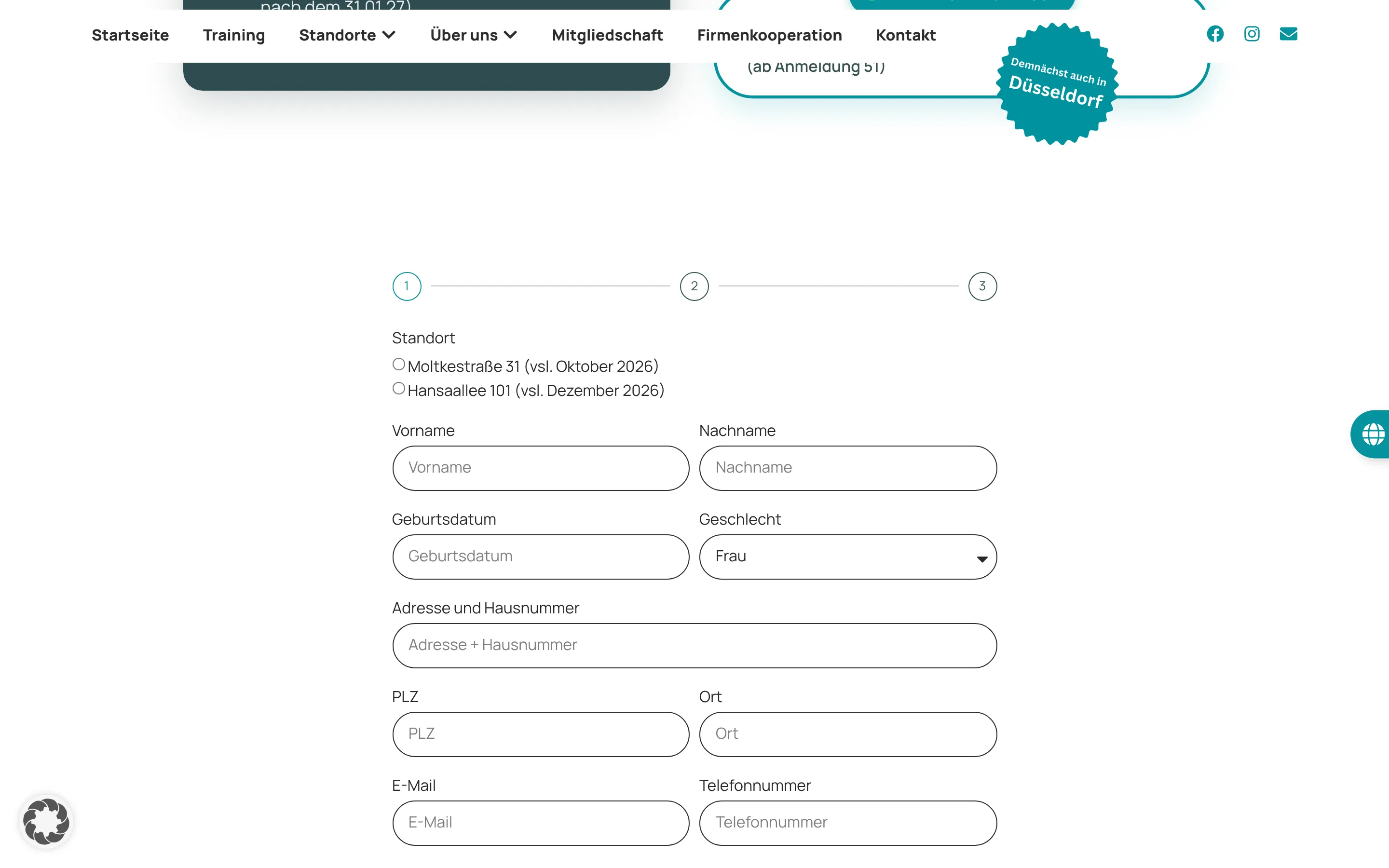NiKa Online-Anmeldung als Gründungsmitglied mit Standortwahl und persönlichen Daten