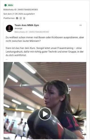 Team Ares Marketing: Meta Ad „Boxen unter Frauen in Neuss“ mit Video aus dem Frauentraining und Button Registrieren