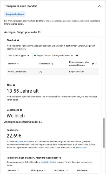Team Ares Werbung in der Meta-Werbebibliothek: Zielgruppe Frauen 18 bis 55 in Neuss und Reichweite 22.696