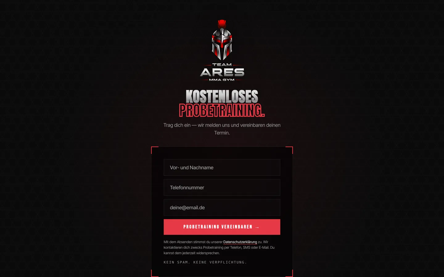 Team Ares Funnel: Landingpage Probetraining mit Logo, Headline und drei Formularfeldern, Desktop-Ansicht