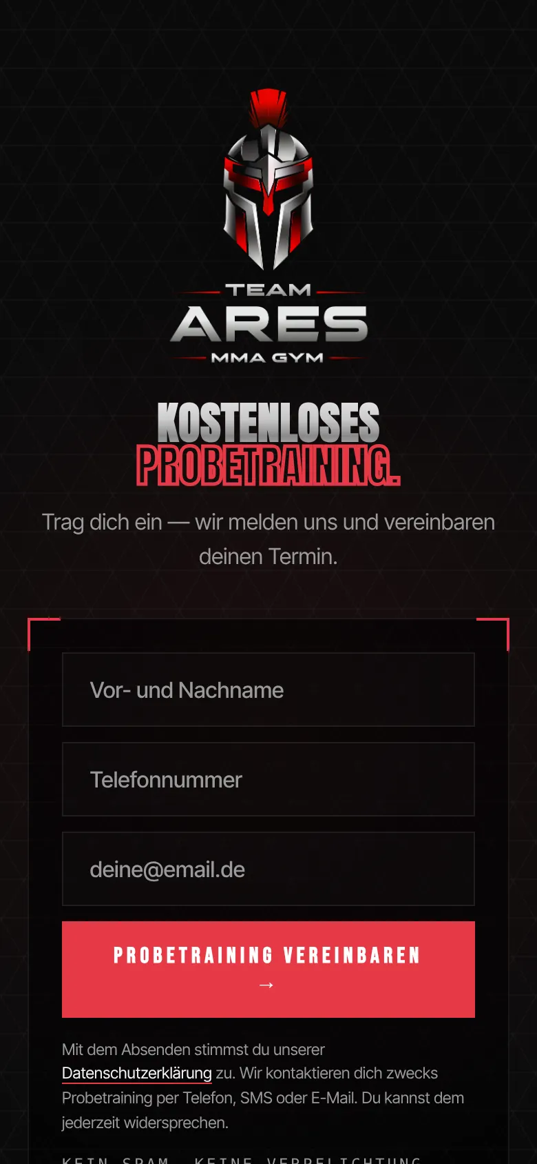 Team Ares Landingpage mobil: Formular für das kostenlose Probetraining komplett im ersten Bildschirm