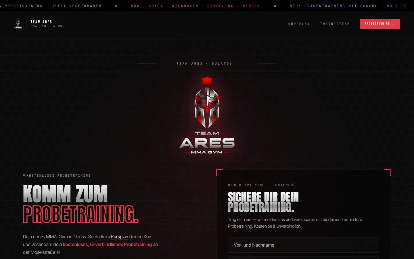 Team Ares Startseite mit Headline Komm zum Probetraining und den Vorteilen kostenlos, unverbindlich, alle Level