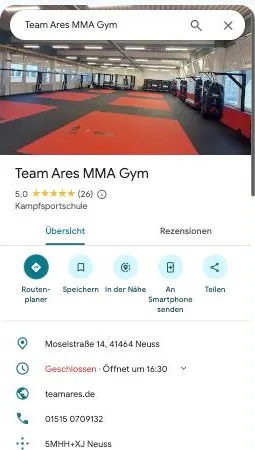 Team Ares MMA Gym bei Google Maps mit 5,0 Sternen aus 26 Rezensionen